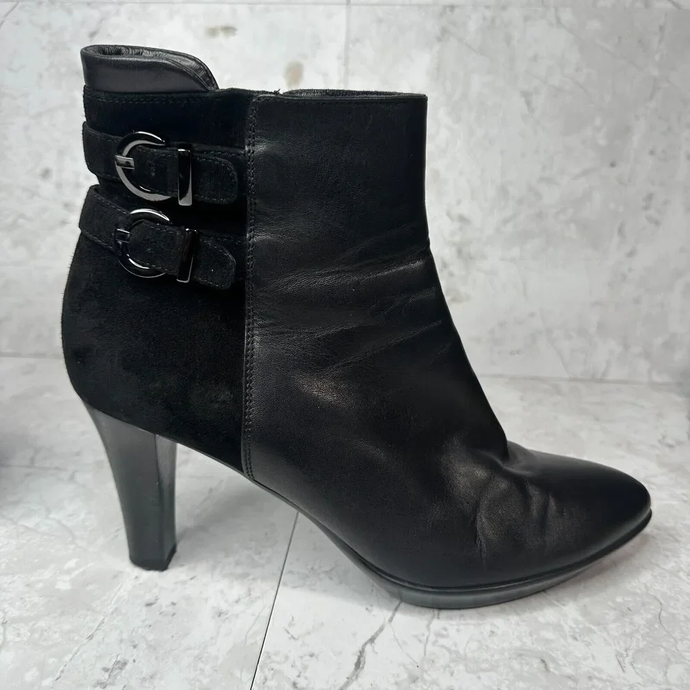 Aquatalia Italian Leather Ankle Boots Roma Black Double Buckle